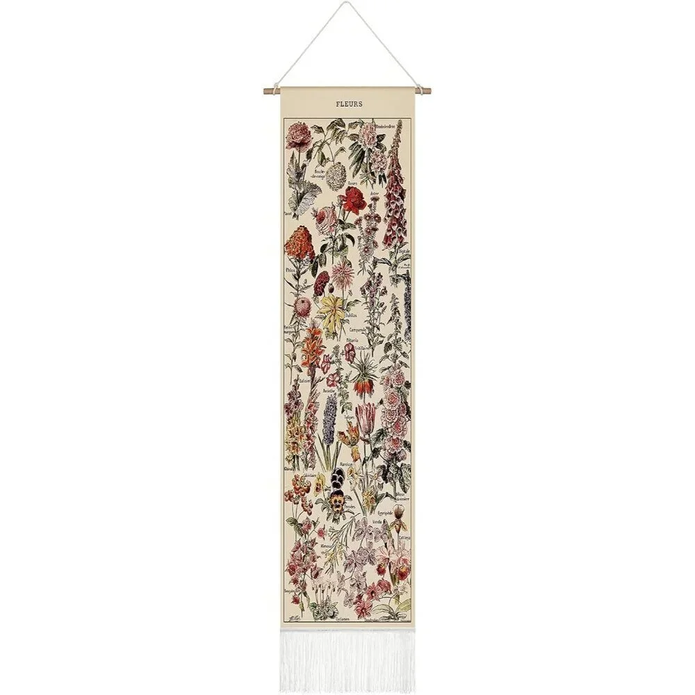 Vintage 52 X 13 Inch Long Vertical Wall Hanging Reference Botanical Tapestry